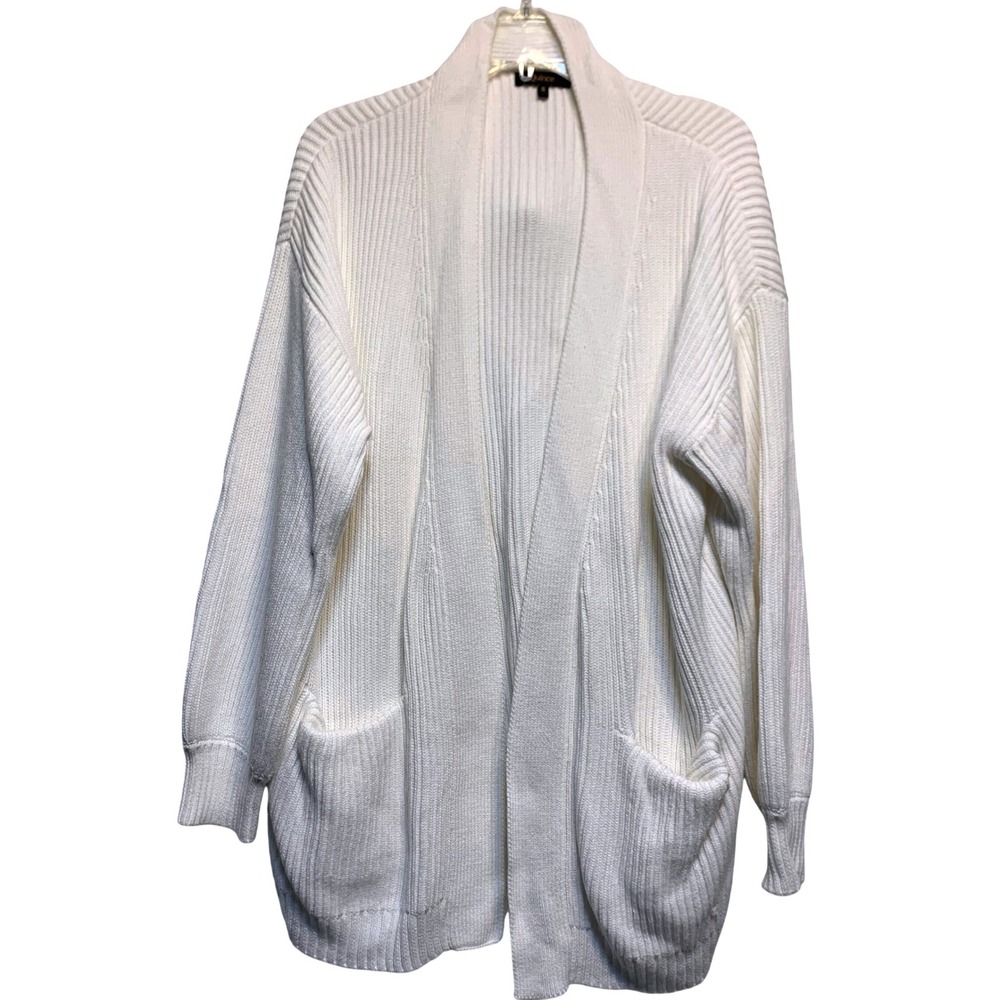 Quince Cardigan Sweater Small White Organic Cotton Ribbed Open Front Pocket Cozy